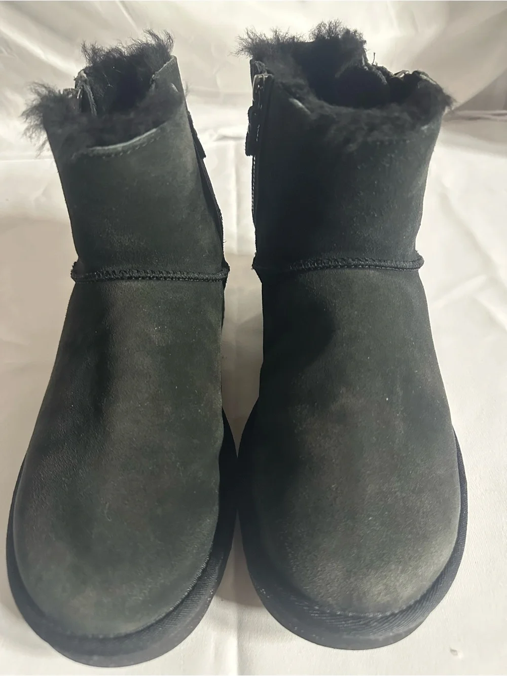 UGG Kids Black Suede Short Zip Boots with Faux Fur Collar